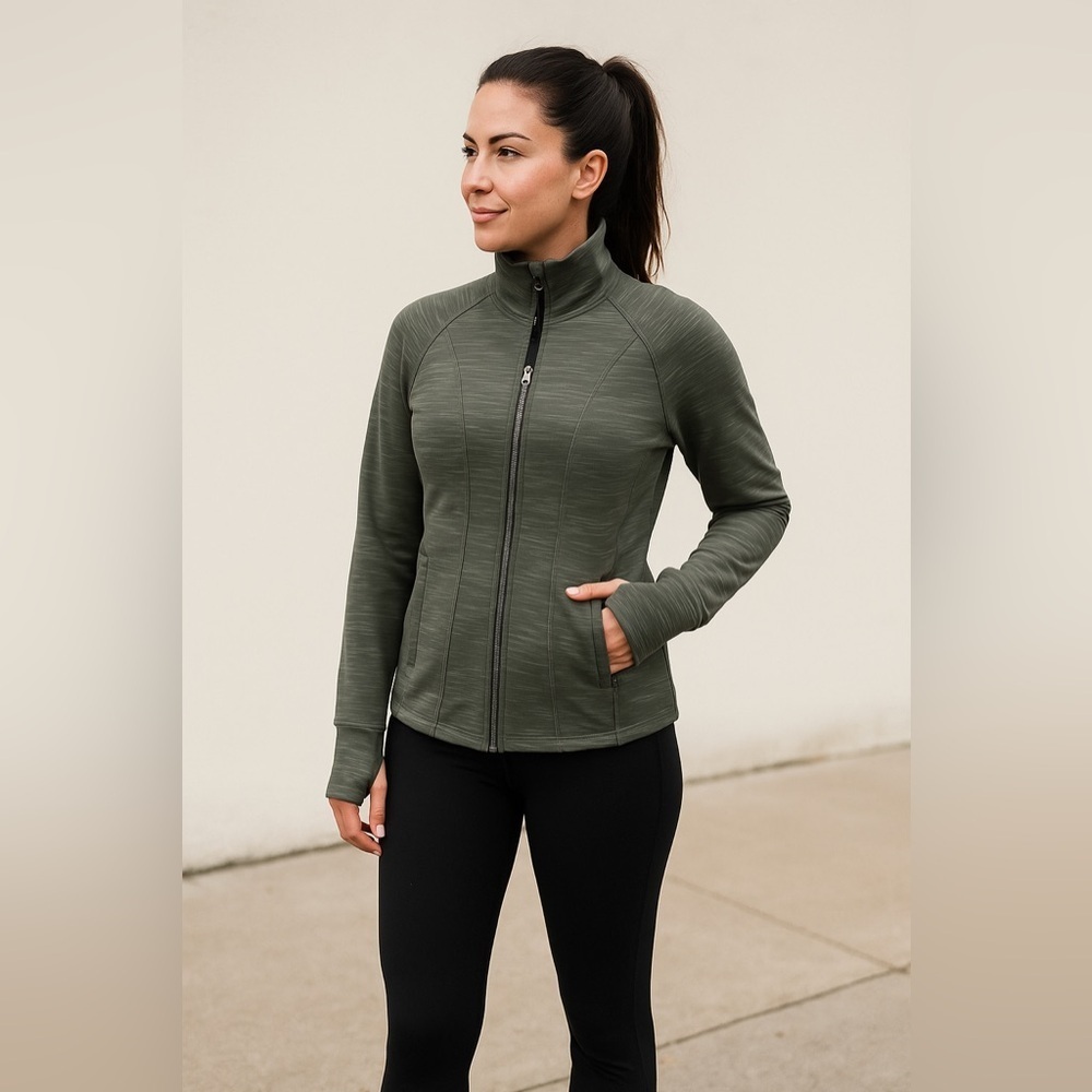 Athleta Striated Hope jacket. Full zip. Structured design. Reflection On Back.
